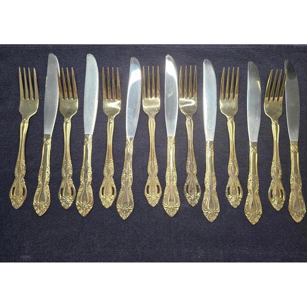 Set of 14 CHOICE Oneida Golden Brahms Gold Plated Electroplate Forks & Knives